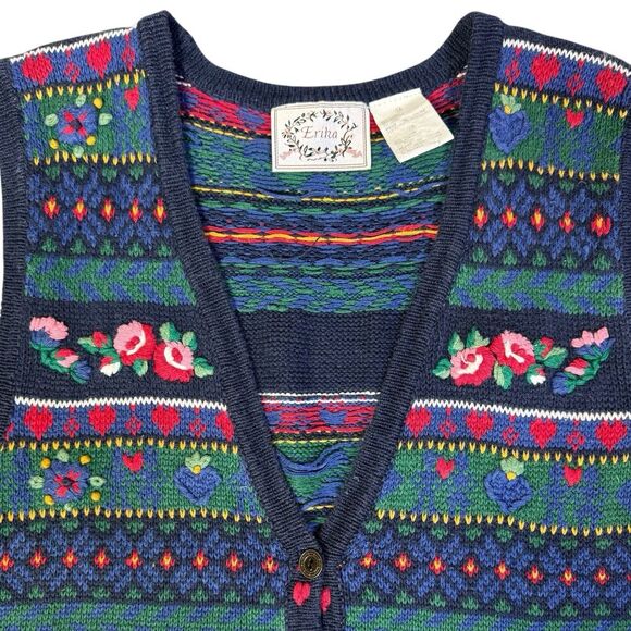 Vintage Erika Fair Isle Cottage Dark Floral Sweater Vest Size M Holiday Vintage - Picture 6 of 10